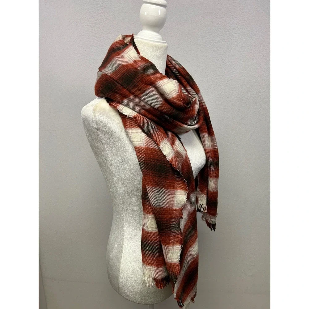 Fall Cabin Core Womens OS Red Plaid Oversized Blanket Scarf Wrap